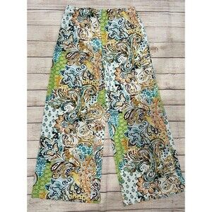 Chico's Palazzo Pants Paisley Print Wide Leg Pull On Orange Green Blue 1/M/8